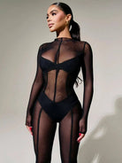 Black Mesh Seam Detail Jumpsuit - LAVAH INTIMATES