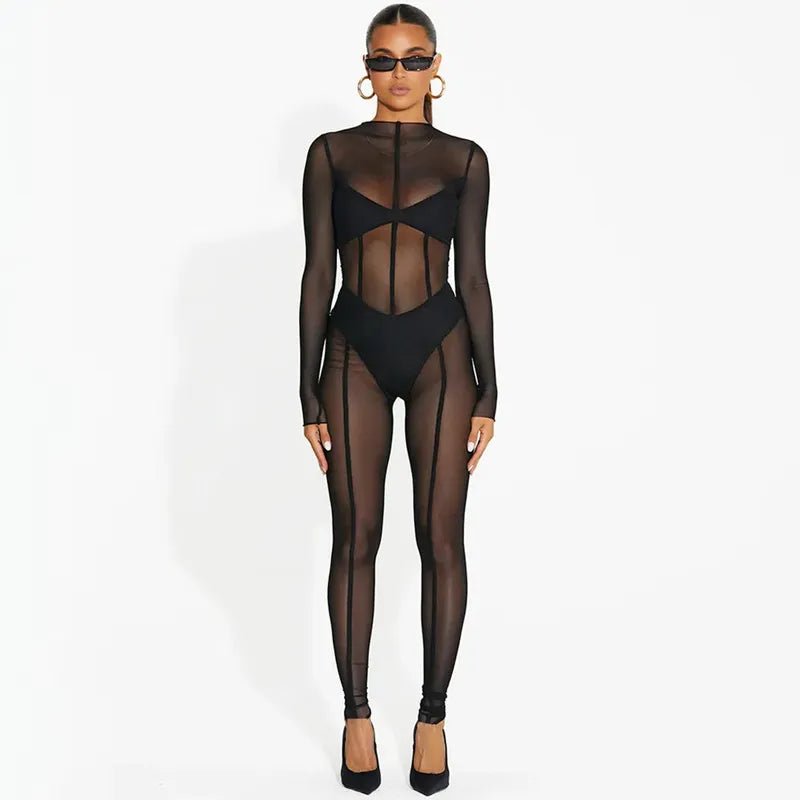 Black Mesh Seam Detail Jumpsuit - LAVAH INTIMATES