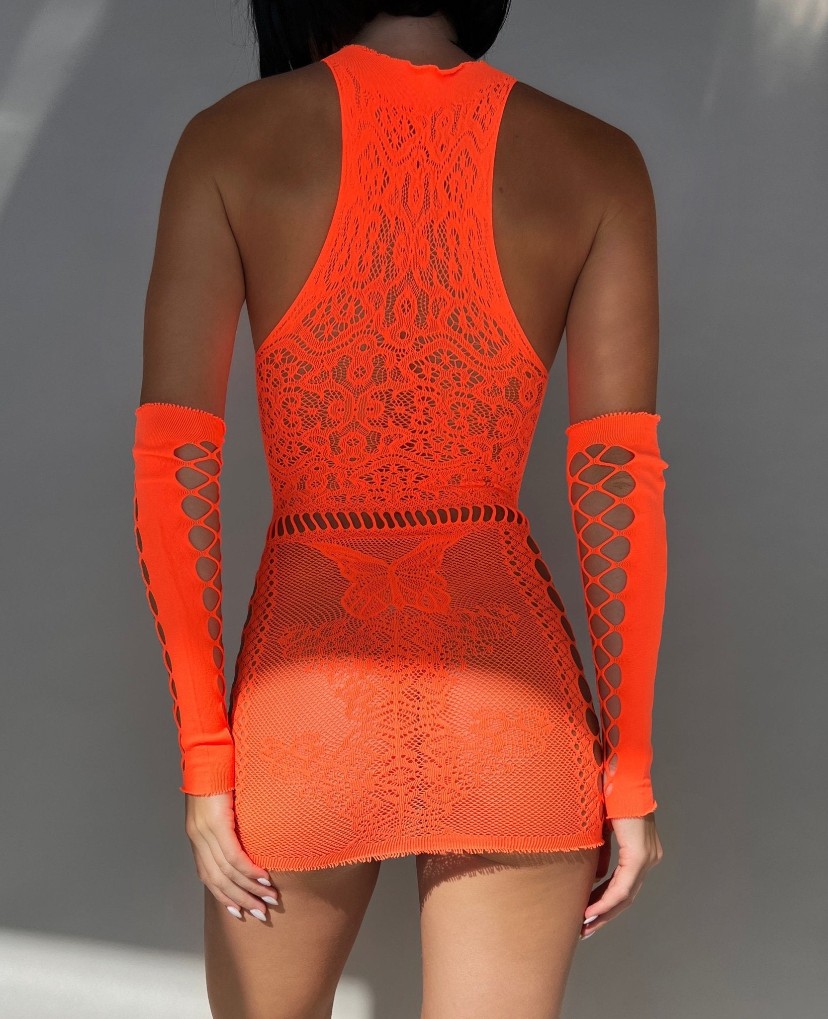 Criss Cross Fishnet Dress - Neon Orange - LAVAH INTIMATES