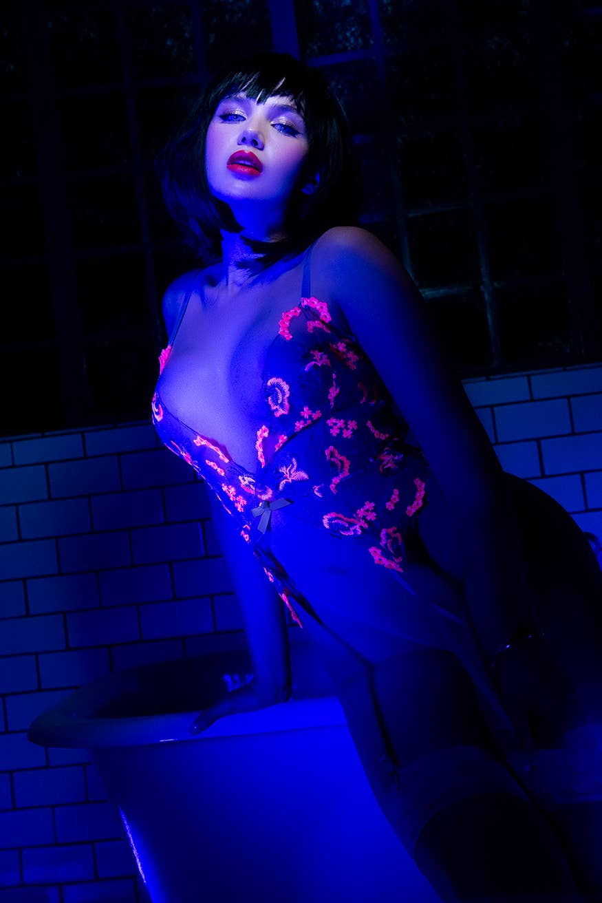 Hyacinth Reviere Floral Embroidered Garter Bodysuit | Lavah Intimates