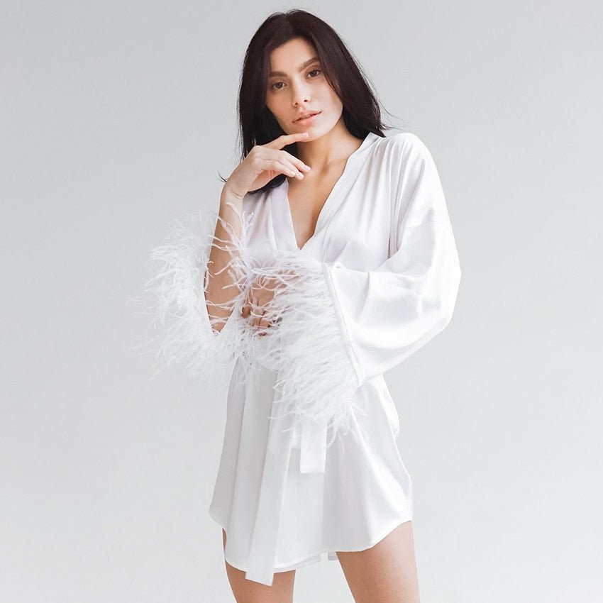 Feather Trim Robe - LAVAH INTIMATES