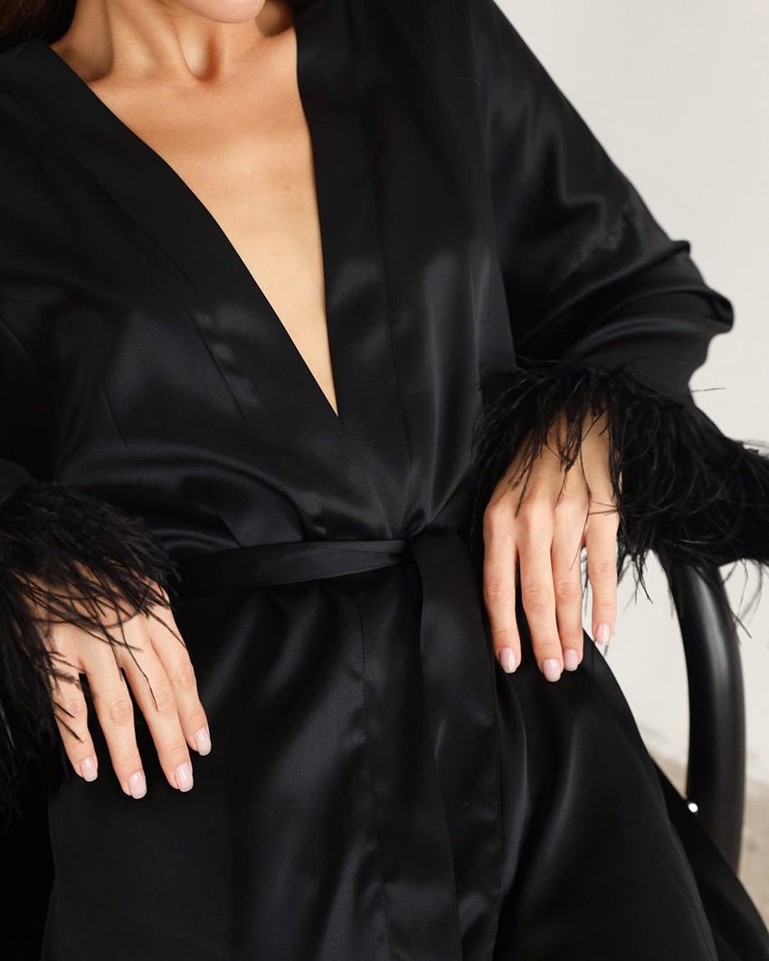 Feather Trim Robe - LAVAH INTIMATES