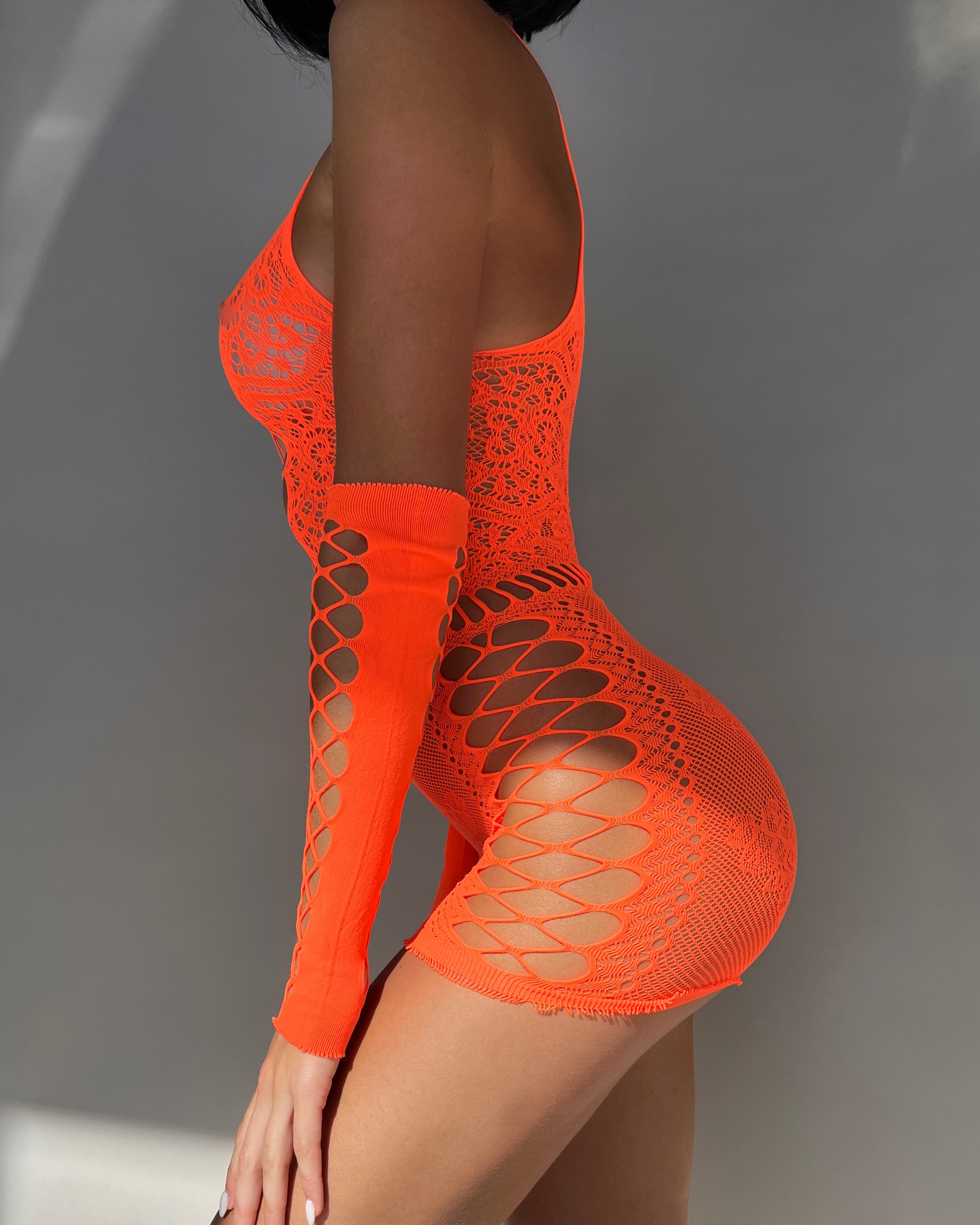 Criss Cross Fishnet Dress - Neon Orange Dresses LAVAH   