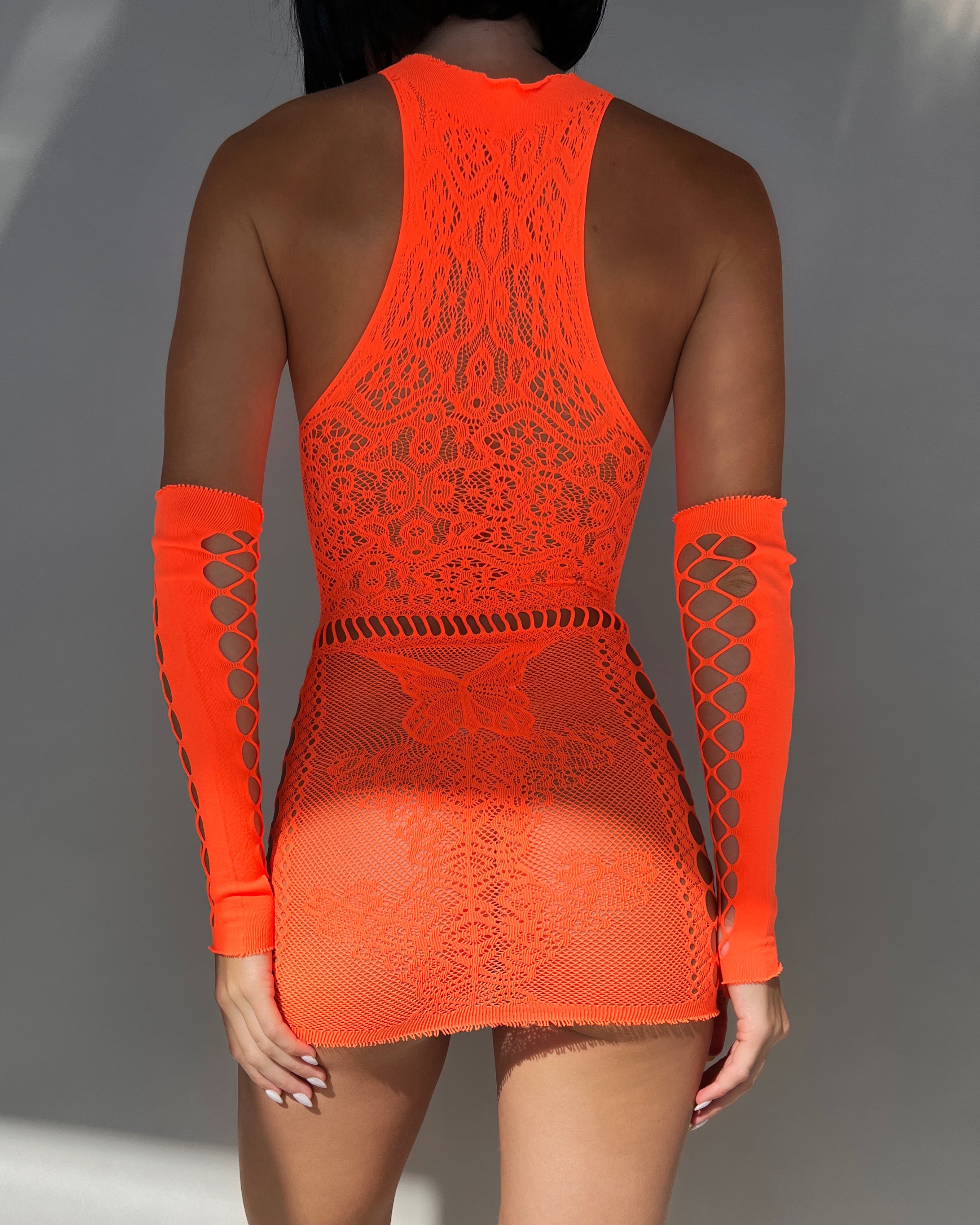 Criss Cross Fishnet Dress - Neon Orange Dresses LAVAH   