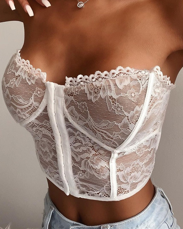 Boned Lace Strapless Corset Top top LAVAH White S 