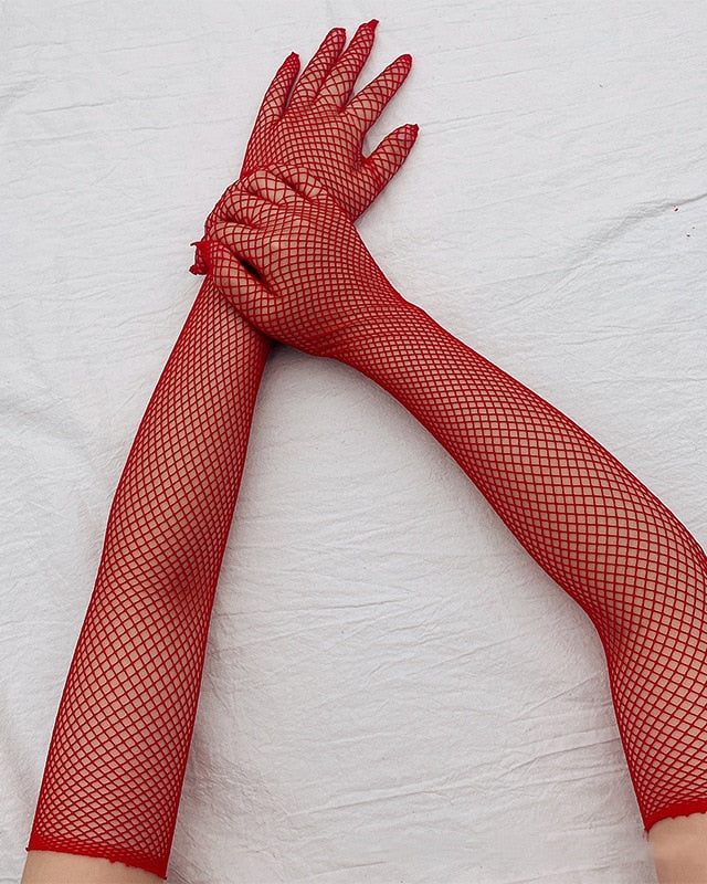 Fishnet Long Sleeve Gloves gloves LAVAH Red One Size 